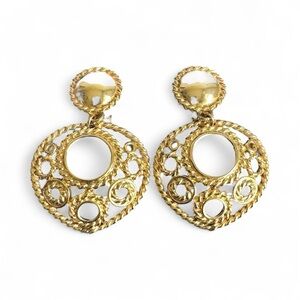 Vintage Gold Tone Filigree Earrings Clip-On Dangle Drop 90s Statement Jewelry